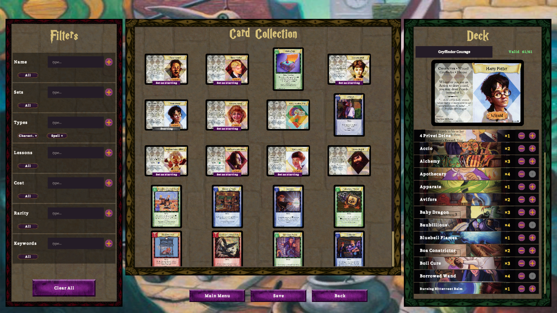 Deck editor with card collection and deck list